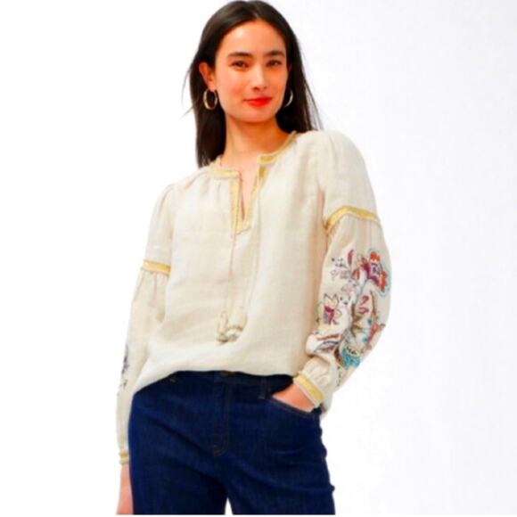 CHICOS 100% Linen Cream Puff Sleeve Embroidered Tunic Blouse Size 2.5 - Picture 1 of 11